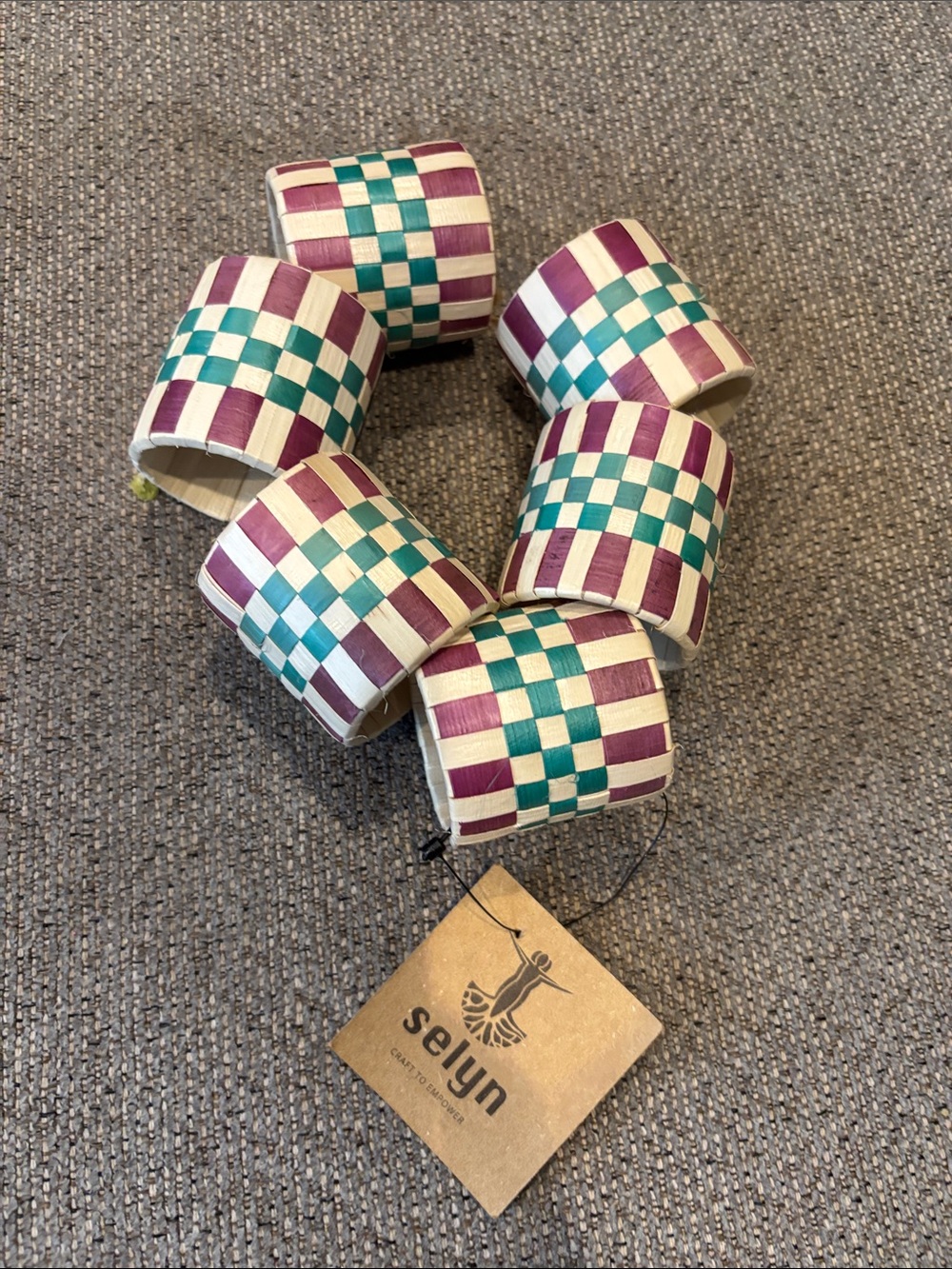 Handwoven Checker Napkin Rings in Teal & Purple - set of 6